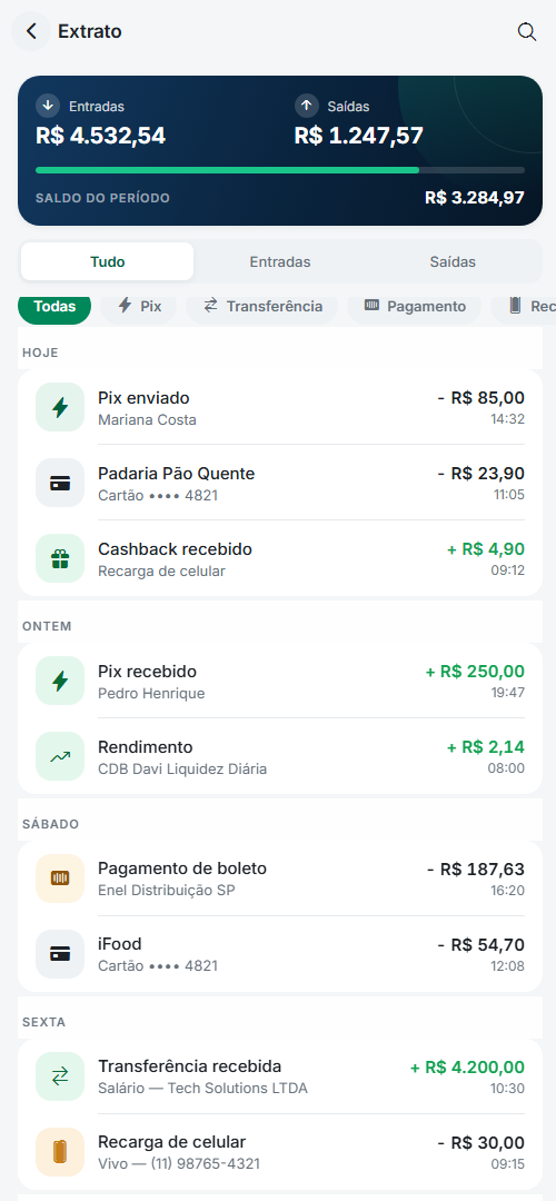 Extrato do app Orbita com filtros