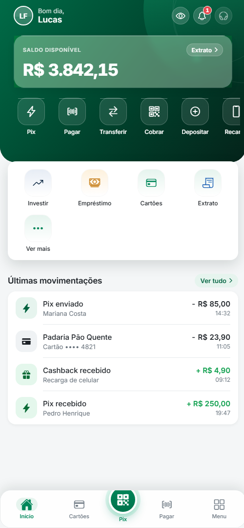 Tela inicial do app Orbita com saldo, atalhos de Pix e últimas movimentações
